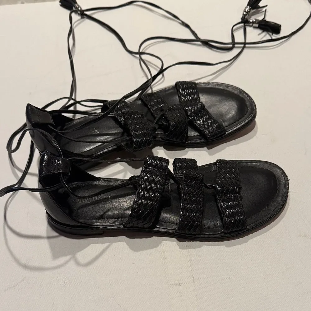 Michael Kors Black Woven Leather Gladiator Lace-Up Sandals